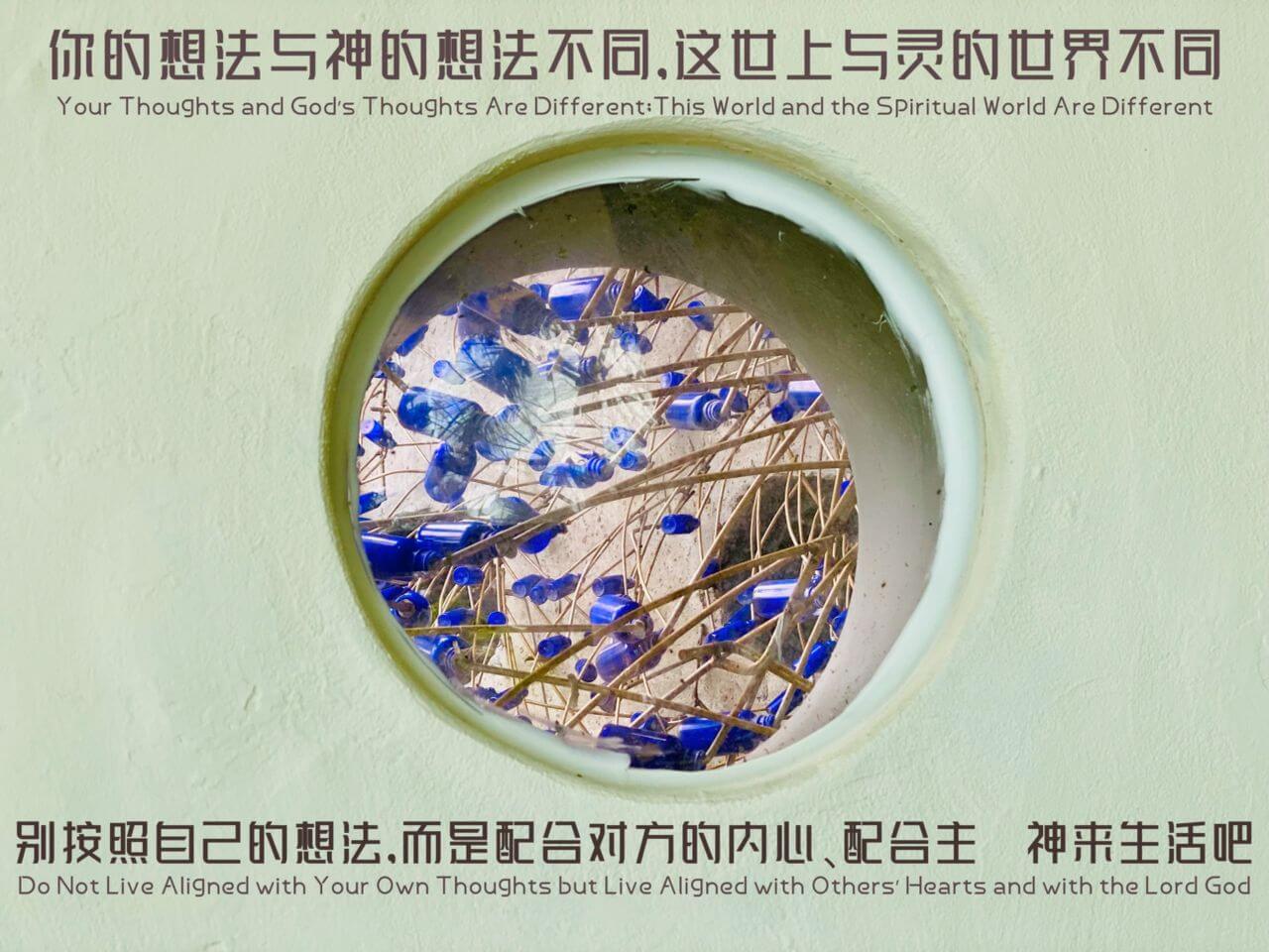 1. 你的想法与　神的想法不同， 这世上与灵的世界不同  2. 别按照自己的想法， 而是配合对方的内心、配合主　神来生活吧